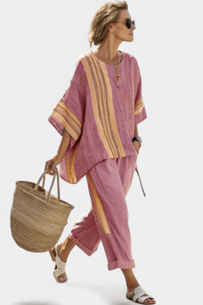 Matching Two-Piece Set with Oversized Striped Linen Top and Wide-Leg Pants