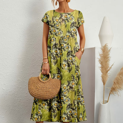 Women's Floral Print A-Line Midi Dress with Short Sleeves
