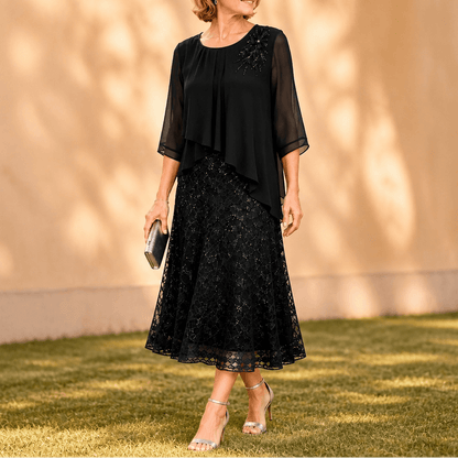 Elavine Layered Chiffon Lace Overlay Women's Midi Dress with Sheer Sleeves
