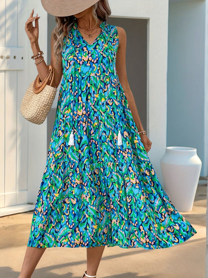 Women's Tiered Sleeveless Boho Maxi Dress with Tie Neck