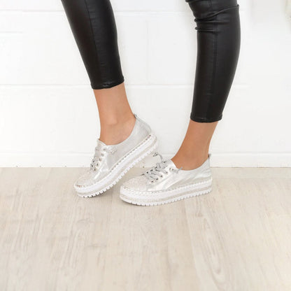 Sparkly Rhinestone Platform Sneakers Lace Up Casual Shoes
