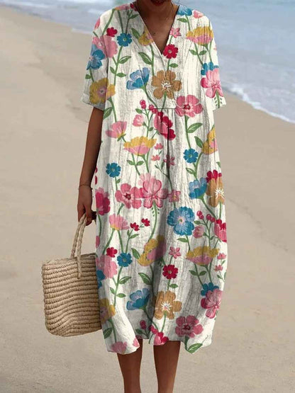 Eleanor Floral Embroidered V-Neck Cotton Blend Women's Midi Dress