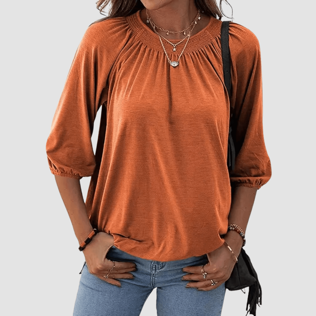 Women's Loose-Fit Shirred Neck Top with Balloon Sleeves