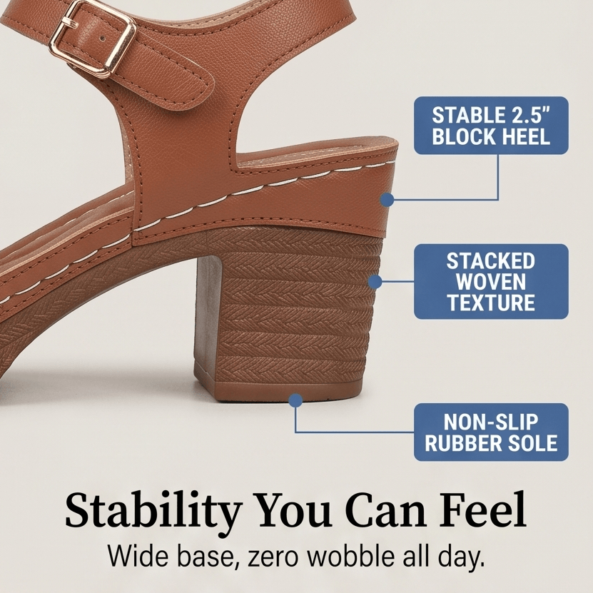 Women's Cushioned Block Heel Sandals with Buckle Ankle Strap