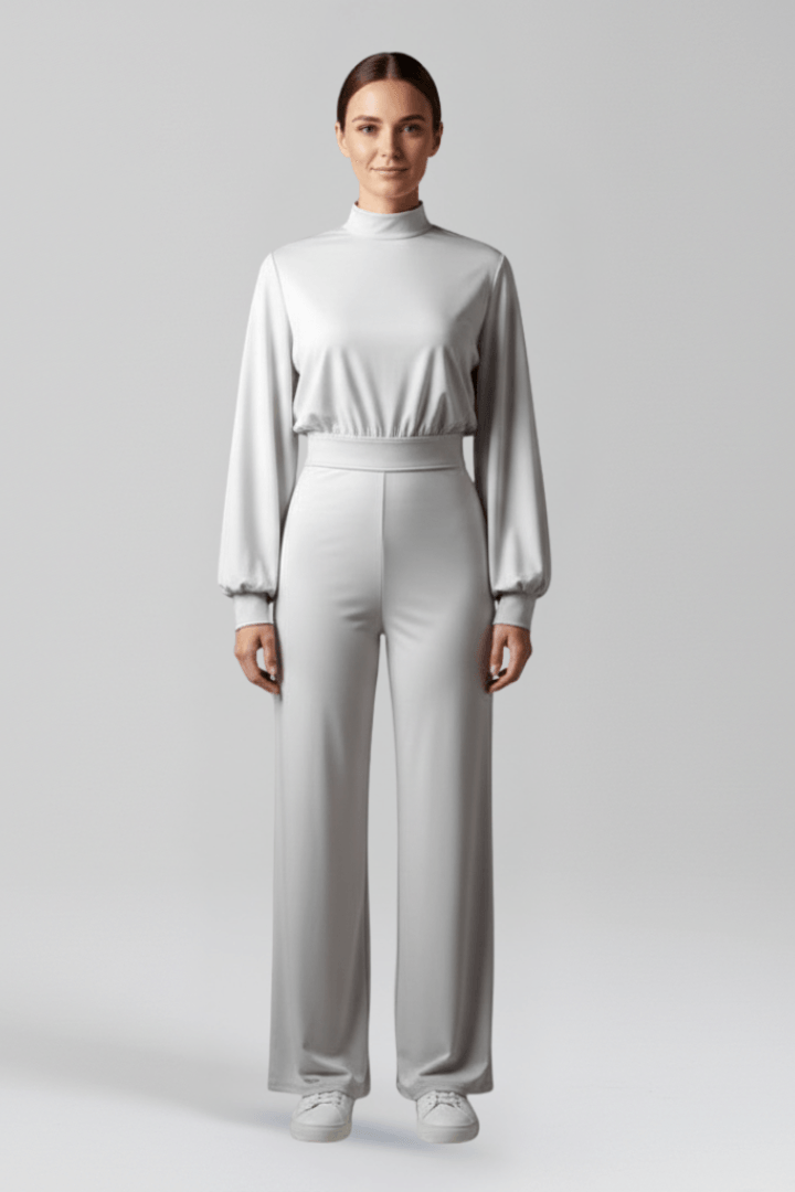 Women's Mock Neck Wide-Leg Linen Jumpsuit with Balloon Sleeves