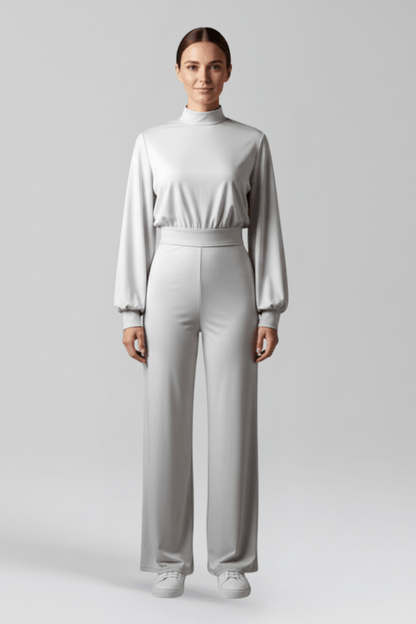 Women's Mock Neck Wide-Leg Linen Jumpsuit with Balloon Sleeves