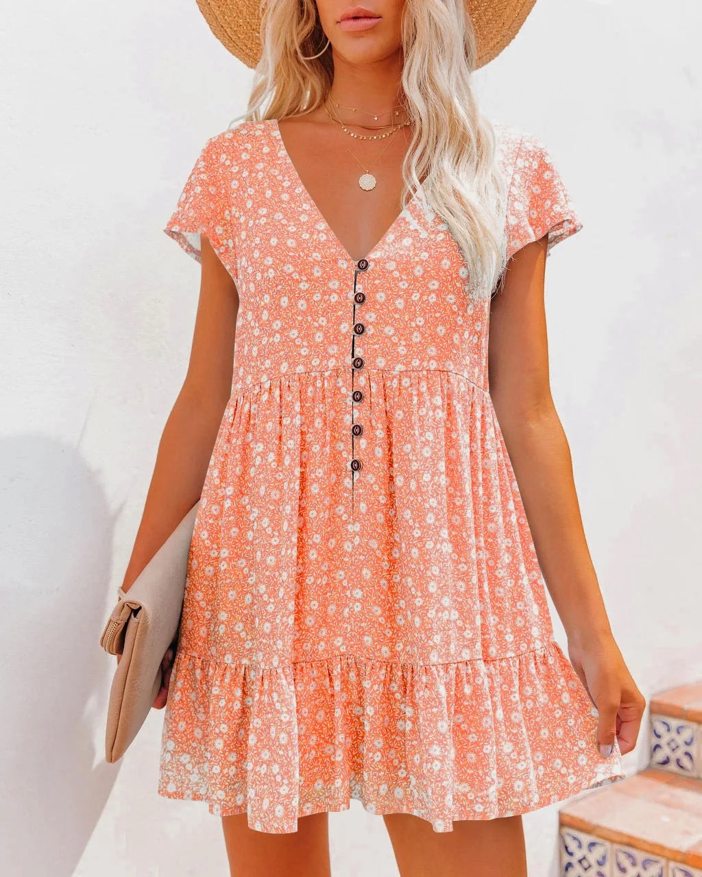 Floral V-Neck Button Front Summer Dress with Tiered Ruffle Hem