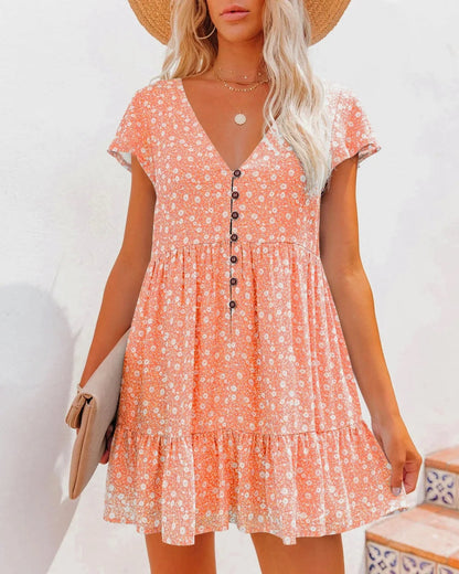 Floral V-Neck Button Front Summer Dress with Tiered Ruffle Hem