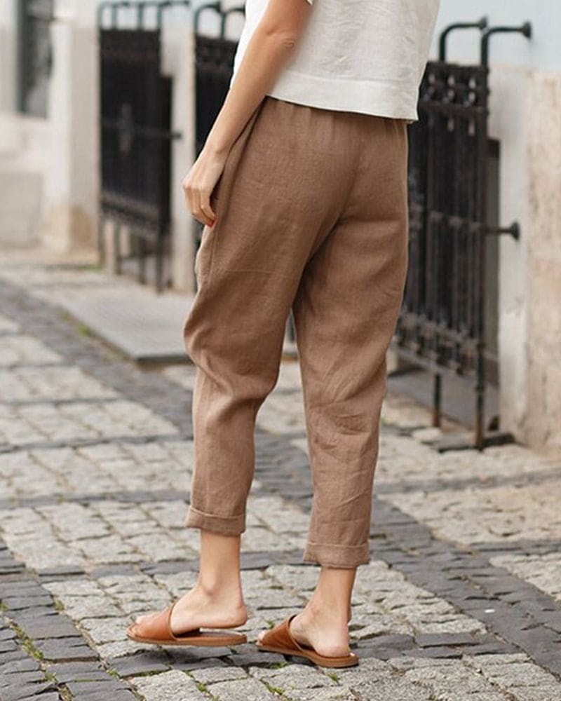 Sage Relaxed Cropped Pants with Elastic Waist and Cuffed Hem
