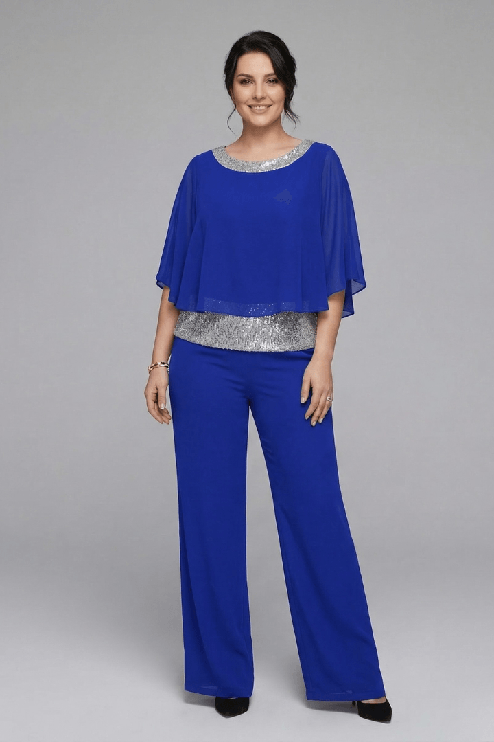 Women's Matching Two-Piece Set with Sequin Chiffon Cape Top and Wide-Leg Pants