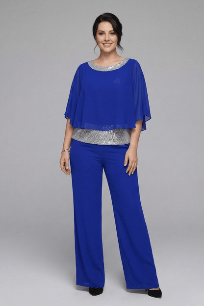 Women's Matching Two-Piece Set with Sequin Chiffon Cape Top and Wide-Leg Pants