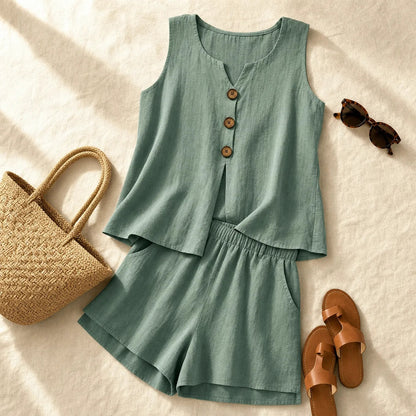 Sleeveless Button-Front Top and Shorts Two-Piece Linen-Look Set