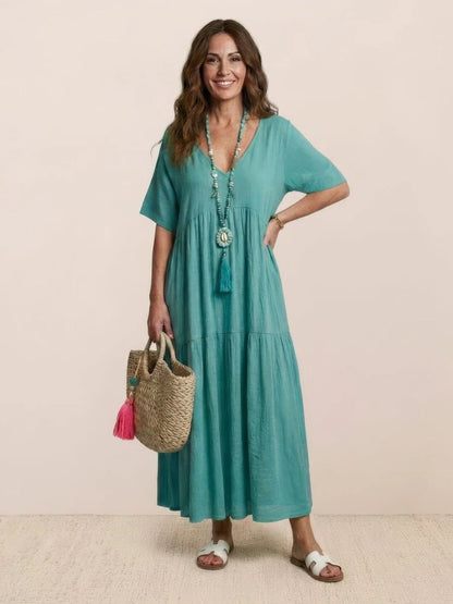 Women's Tiered Ruffle V-Neck Midi Dress with Short Sleeves in Polyester
