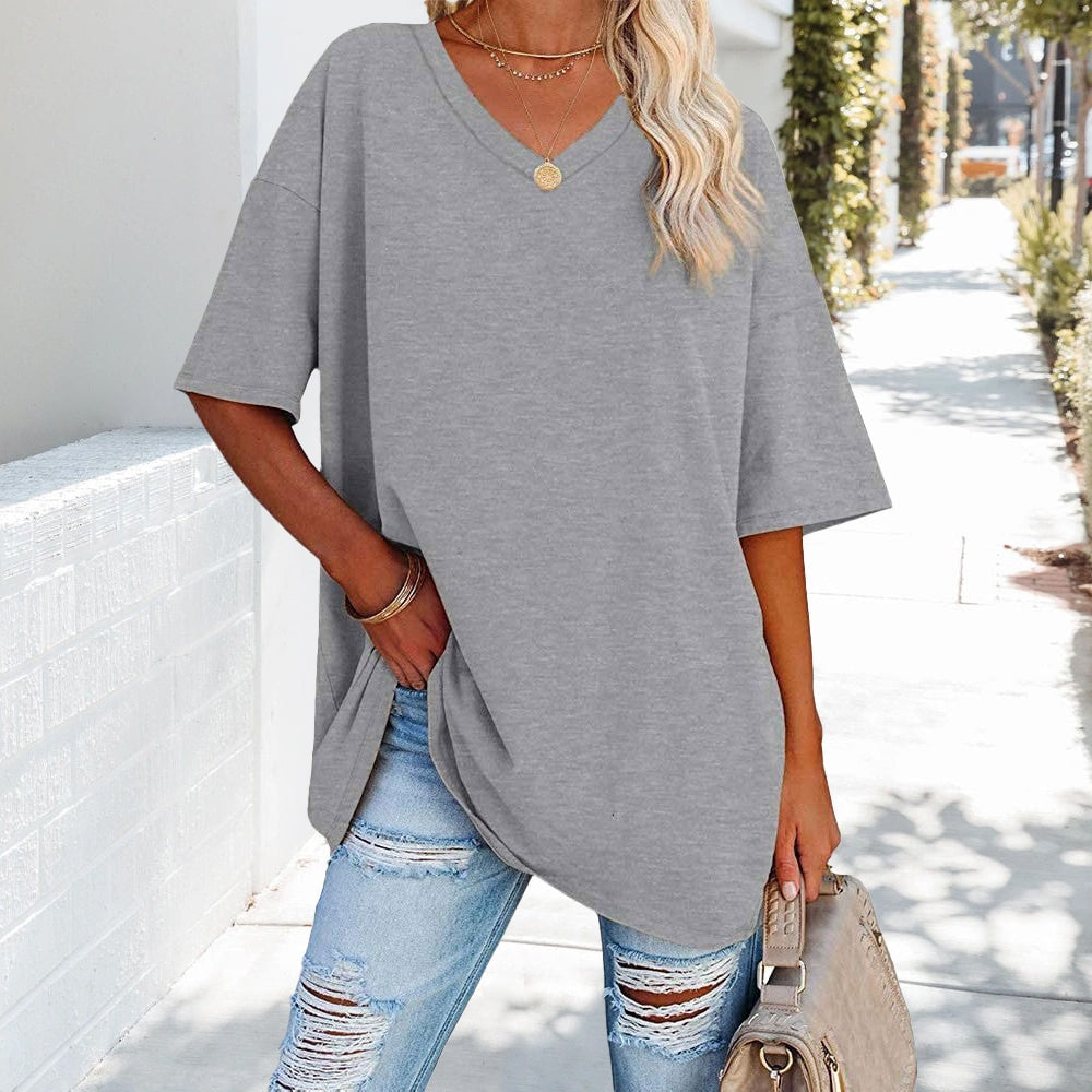 Oversized Cotton V-Neck Short Sleeve Top for Women