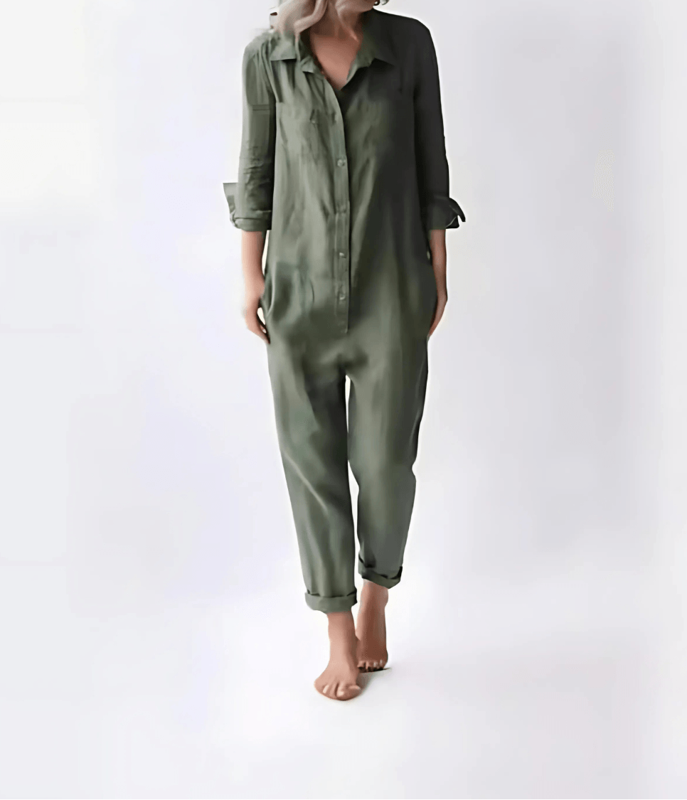 Button-Front Linen Jumpsuit with Pockets for Women