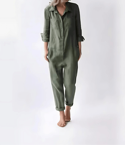 Button-Front Linen Jumpsuit with Pockets for Women