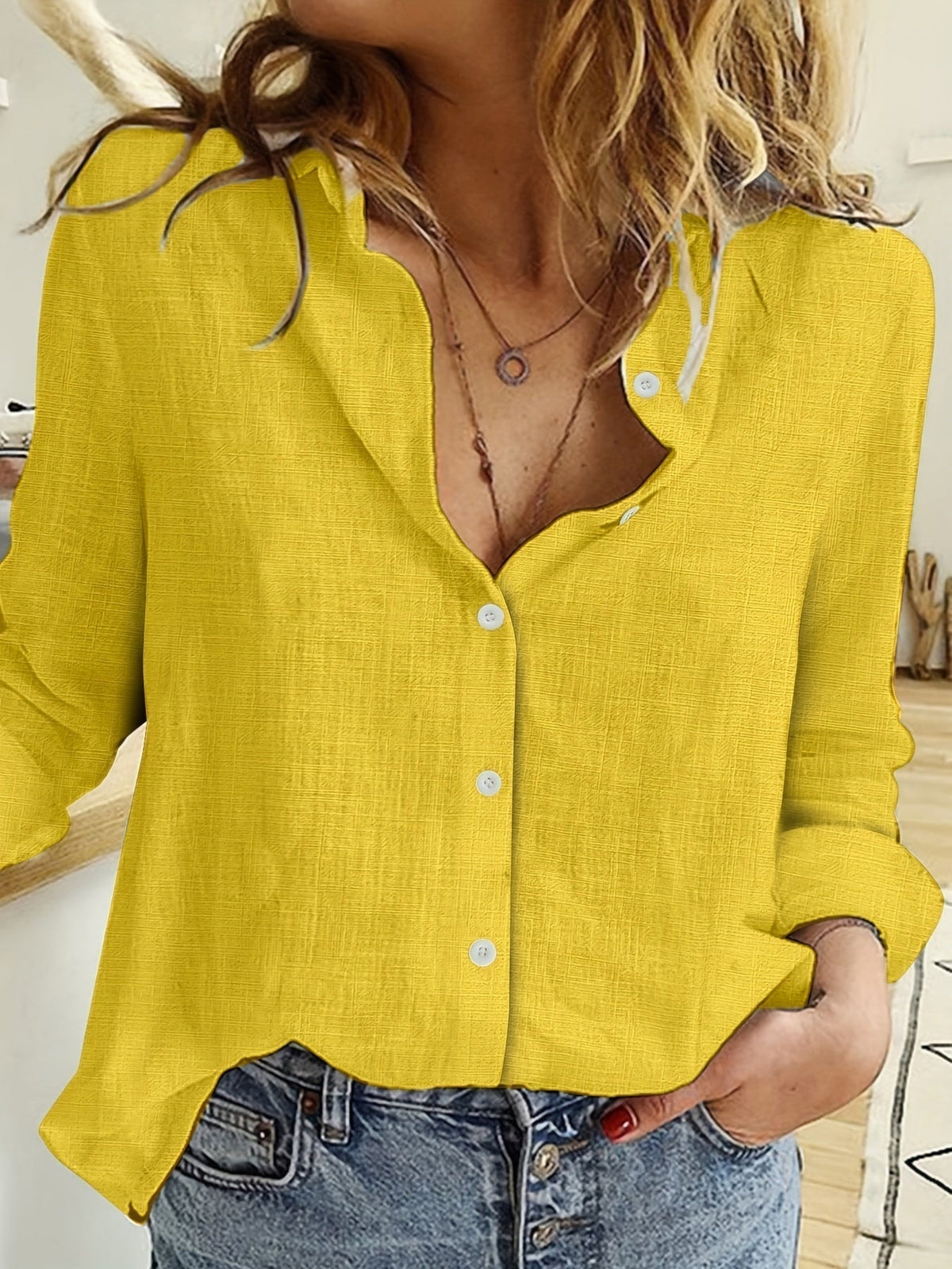 Evie Long-Sleeve Linen Button-Down Blouse for Women with Classic Collar