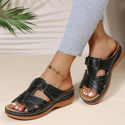 Aria Orthopedic Wedge Sandals with Cutout Crisscross Straps and Adjustable Closure