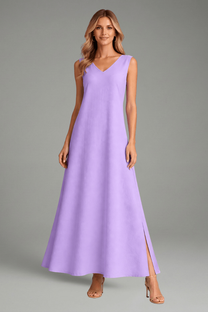 Women's Long Sleeve V-Neck Jersey Knit Maxi Dress with Side Slit