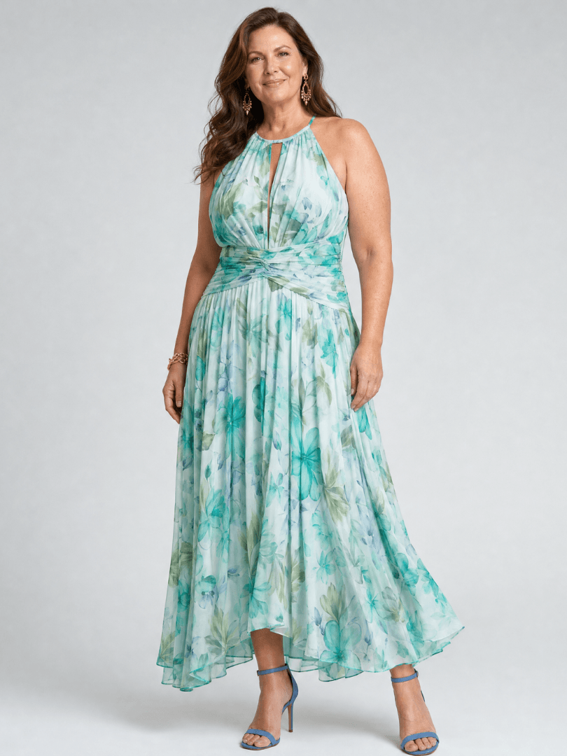 Floral Halter Neck Women's Summer Maxi Dress with Open Back