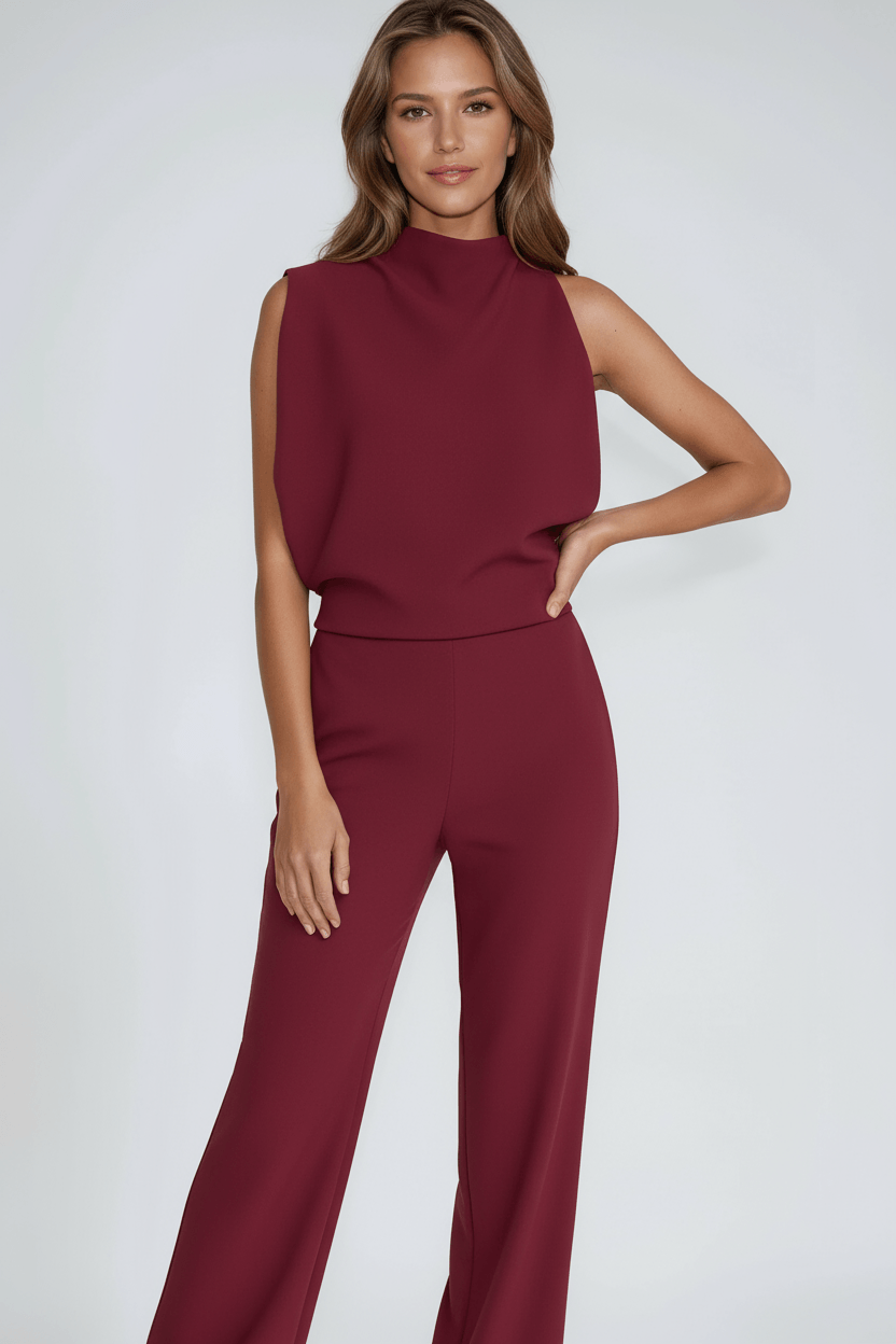 Sleeveless Mock Neck Wide-Leg Jumpsuit with Draped Top and Side Pockets