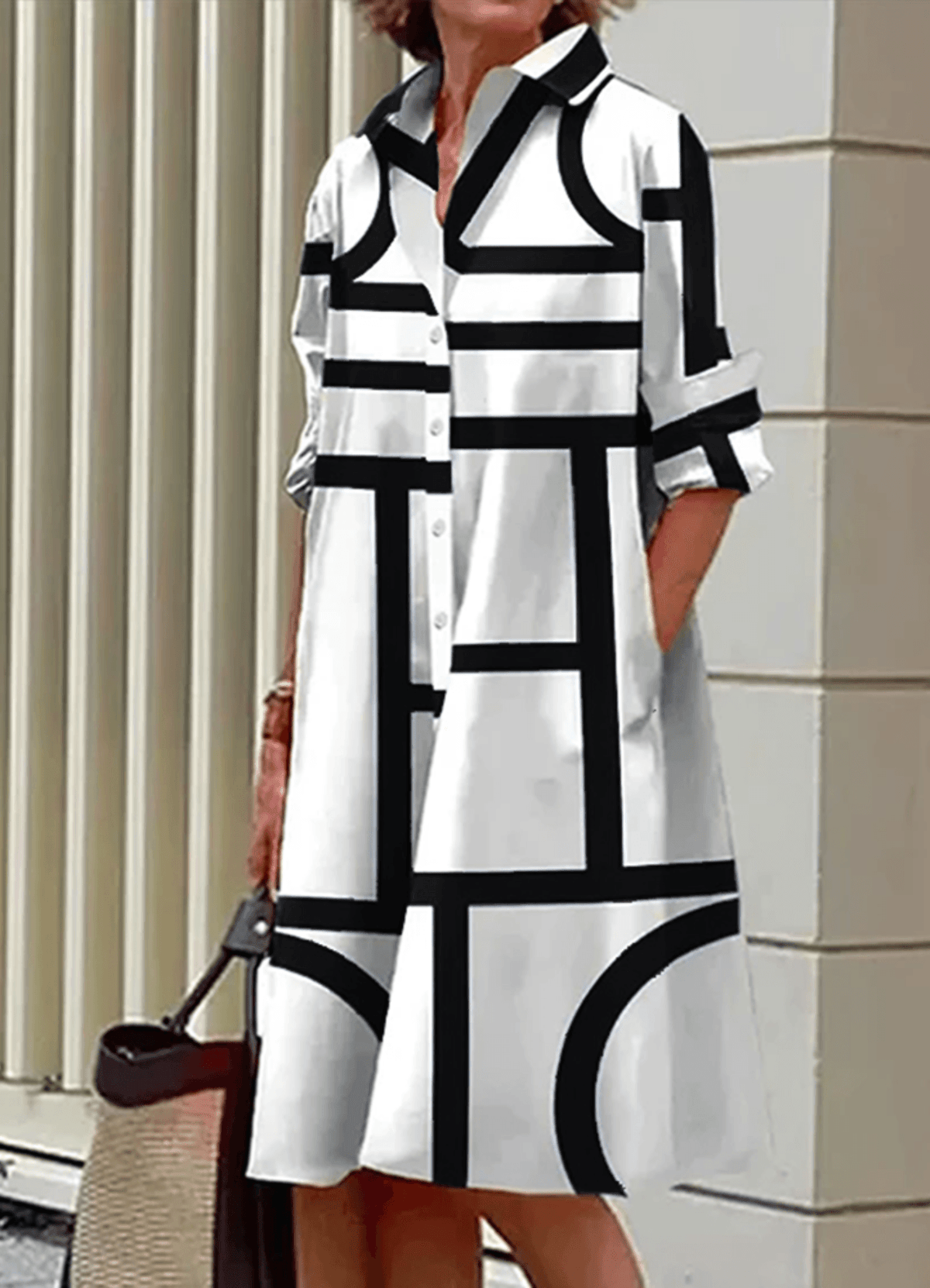 Geometric Print Collared Women's Midi Dress with Side Pockets