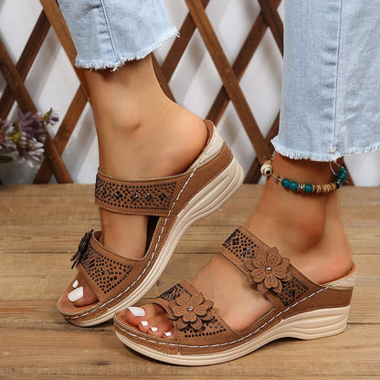 Delor Open-Toe Slide Sandals with Flower Detail and Rhinestone Wedge Sole