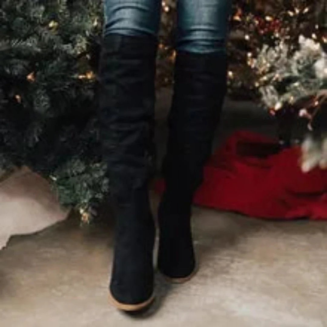 Suede Knee High Slouch Boots with Low Heel and Zipper Closure