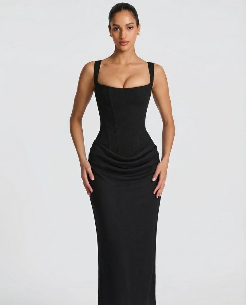 Sienna Laurent Satin Corset Maxi Dress with Draped Detail