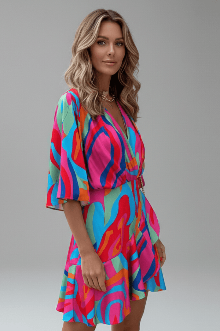 Batwing Sleeve Wrap Mini Dress with Adjustable Waist Tie