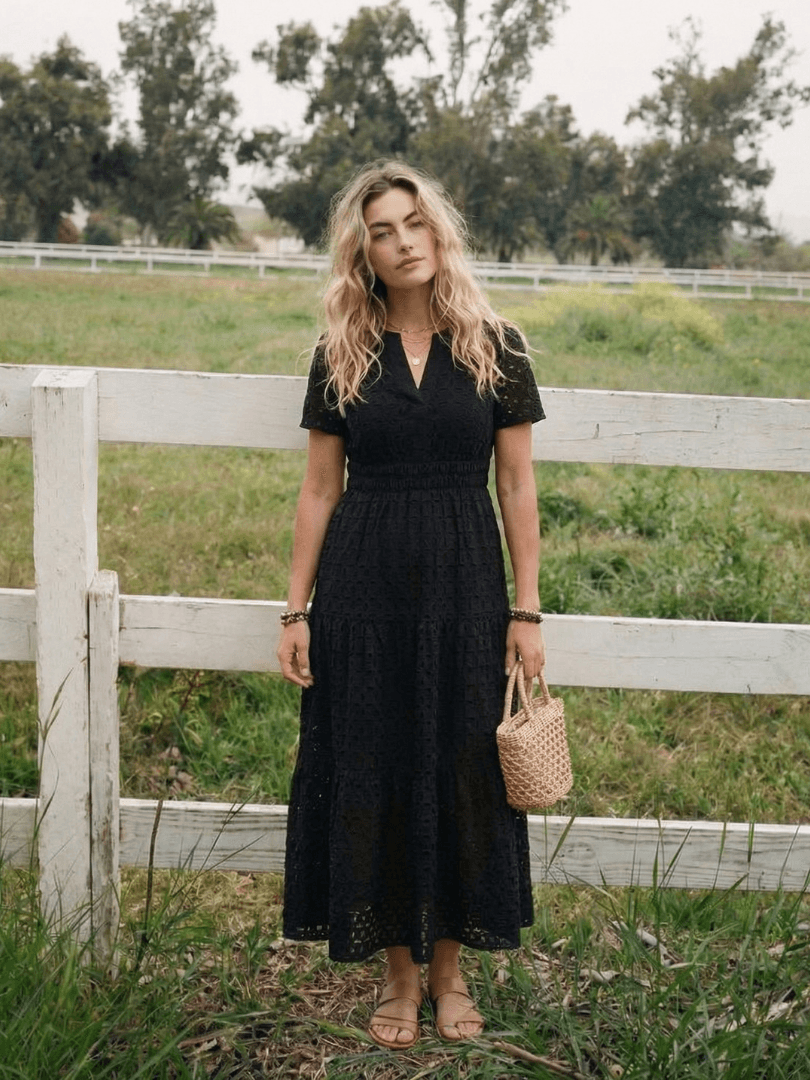Women's Short-Sleeve Eyelet Midi Dress with Tiered Skirt and Split Neckline