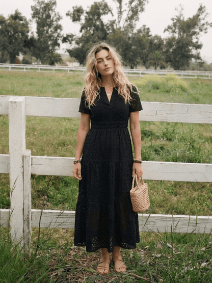 Women's Short-Sleeve Eyelet Midi Dress with Tiered Skirt and Split Neckline