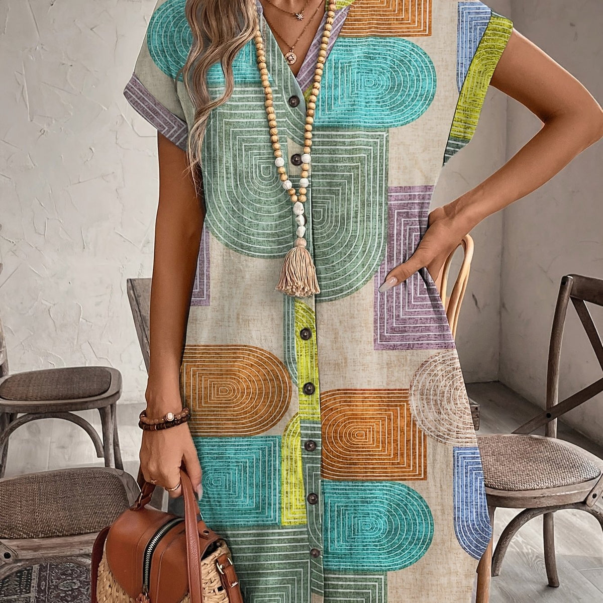 Miriam Retro Print Button-Front V-Neck Women's Midi Shirt Dress