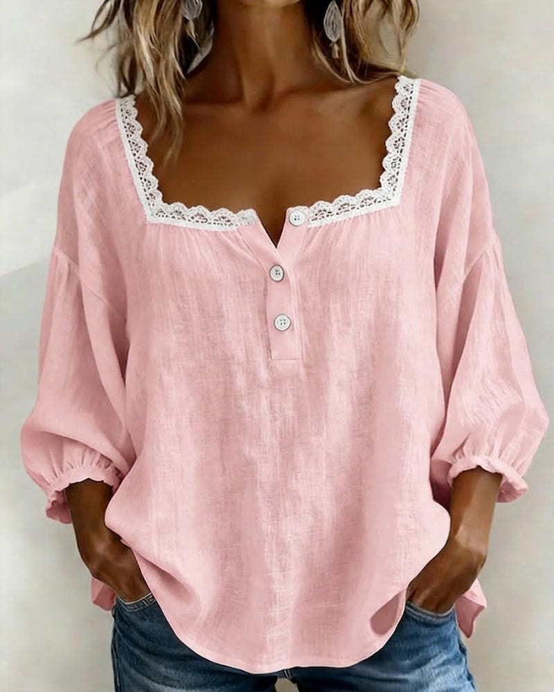 Women's Cotton Linen Long Sleeve Blouse with Square Neckline and Lace Trim
