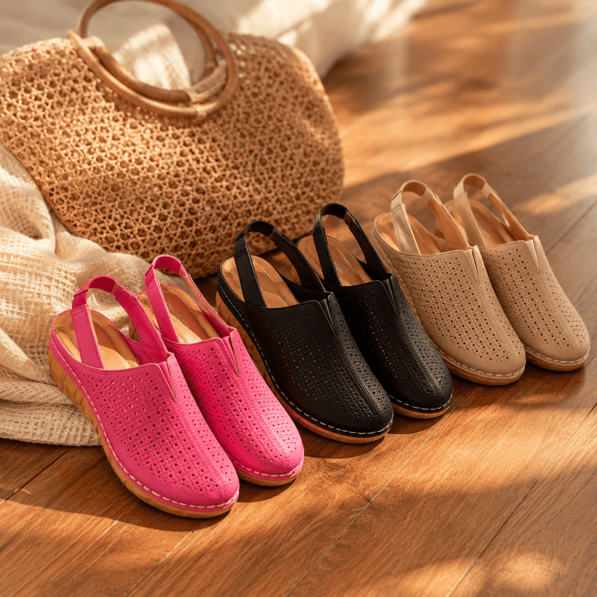 Perforated Wedge Slingback Sandals with Cushioned Sole for Women