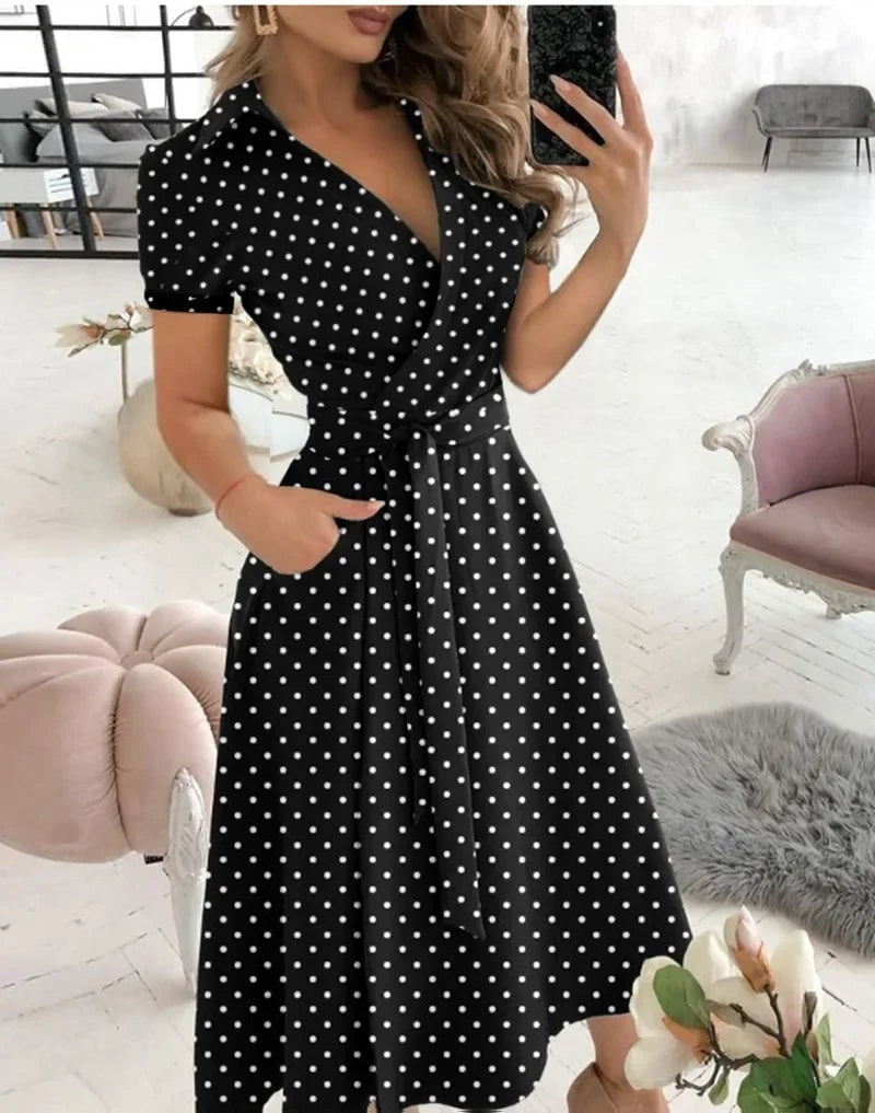 Judy Tie Waist Wrap Style A-Line Midi Dress for Women