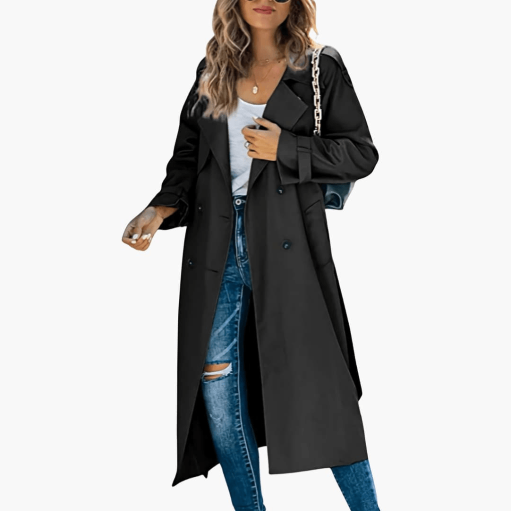 Double-Breasted Trench Coat with Adjustable Cuffs and Belted Waist
