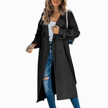 Double-Breasted Trench Coat with Adjustable Cuffs and Belted Waist