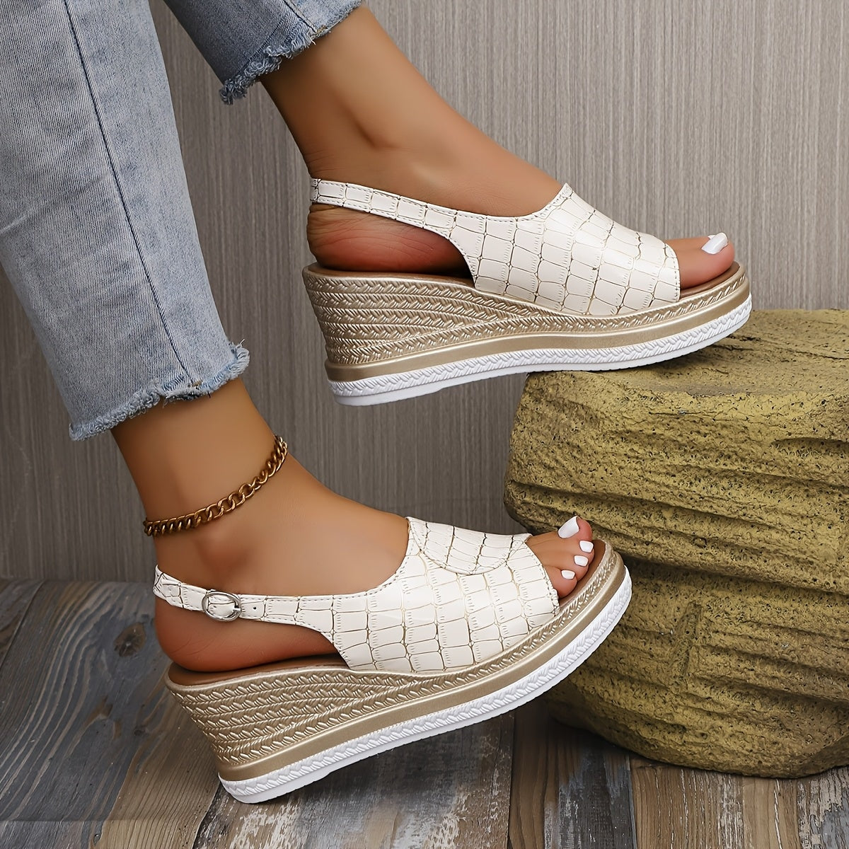 Marbella White Croc-Embossed Slingback Wedge Sandals with Peep Toe Platform