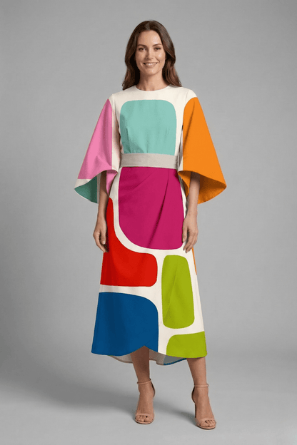 Floral Print Round Neck Women's Midi Dress with Wide Bell Sleeves