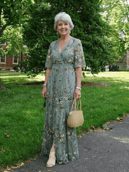 Floral Embroidered Wrap Maxi Summer Dress with Flutter Sleeves for Women