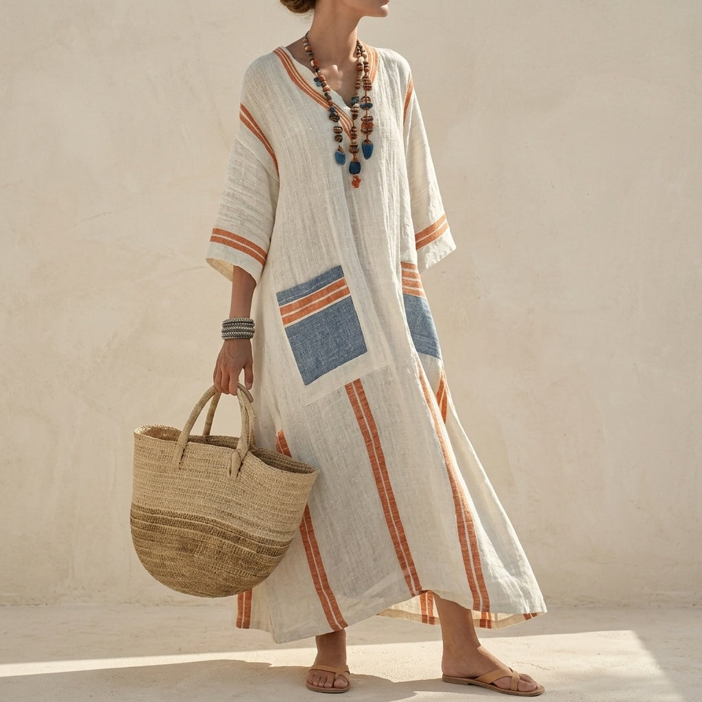 Calveth Relaxed Striped Linen Summer Maxi Dress with Patch Pockets