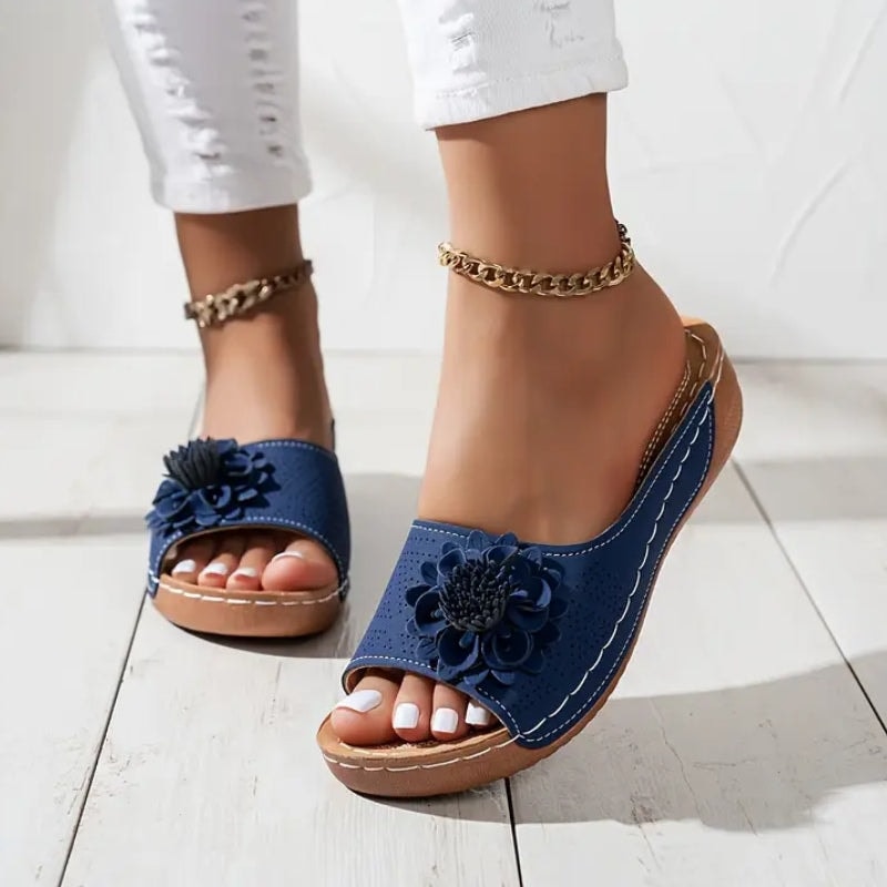 Flora Comfortable Slide Wedge Sandals with Perforated Upper and Flower Detail