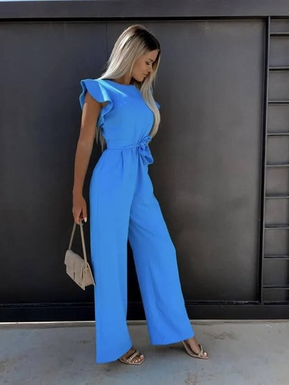 Women's Wide-Leg Linen Jumpsuit with Ruffle Sleeves and Belted Waist