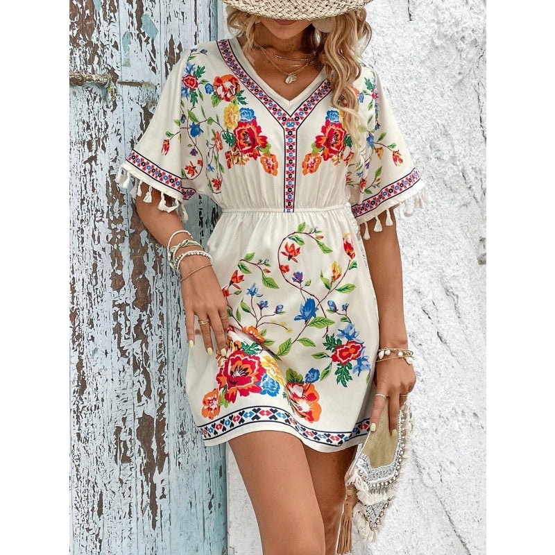 Isla Pemberton Boho Floral Tassel-Sleeve Women's Mini Dress