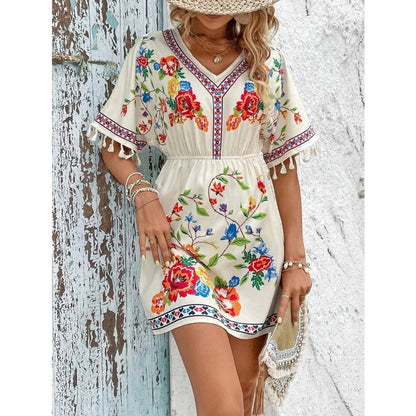 Isla Pemberton Boho Floral Tassel-Sleeve Women's Mini Dress
