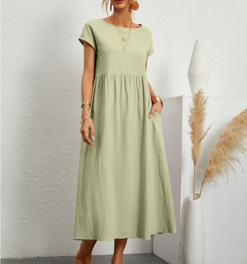 Cotton Blend Women's Midi Dress with Pockets and Cap Sleeves