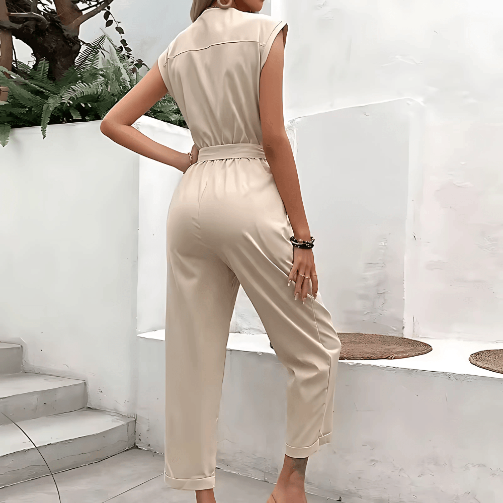 Belted Button-Front Sleeveless Jumpsuit for Women