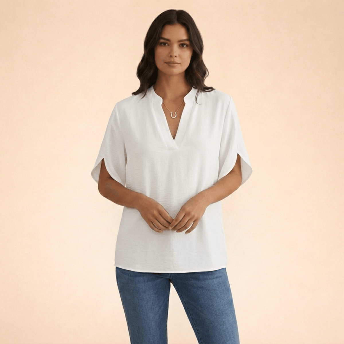 Women's V-Neck Split-Sleeve Top with Flowy Loose Fit