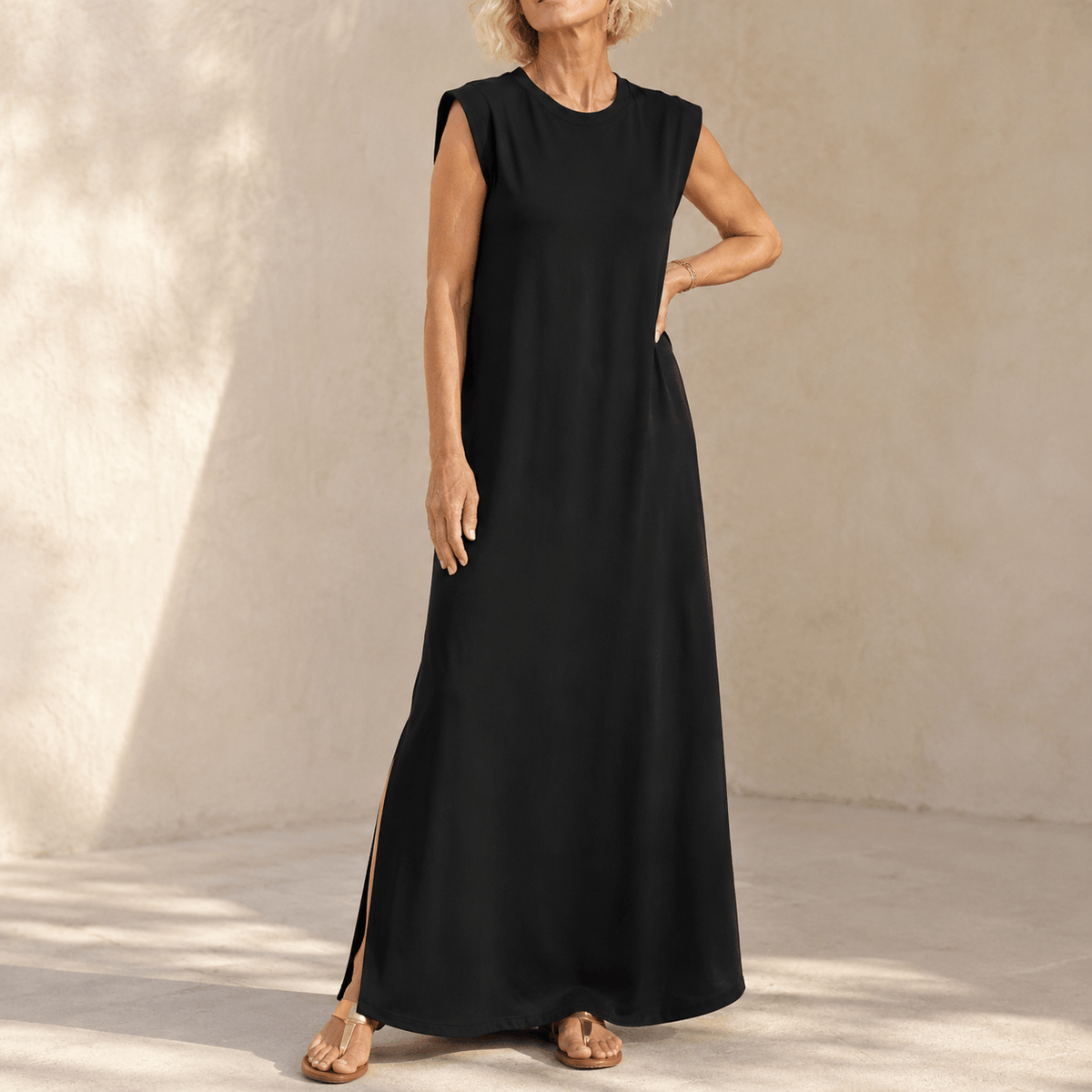 Marella Sleeveless Wrinkle-Free Split-Hem Summer Midi Dress with Pockets